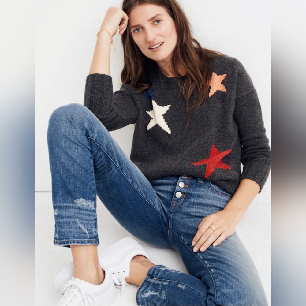 Madewell Charcoal Star Intarsia Sweater merino wool, Red, Cream, Blue Stars